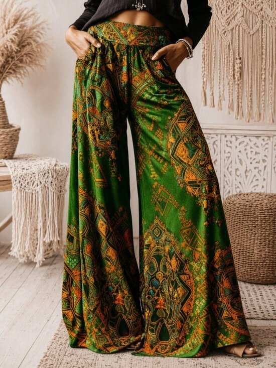MODA ME COUTURE Pants - Fresh Green Boho Women's Casual Floral Print Wide Leg Flowing Trousers